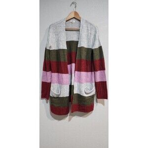 Caslon Small Staggered Stripe Cardigan Open Front Shawl Collar Sweater